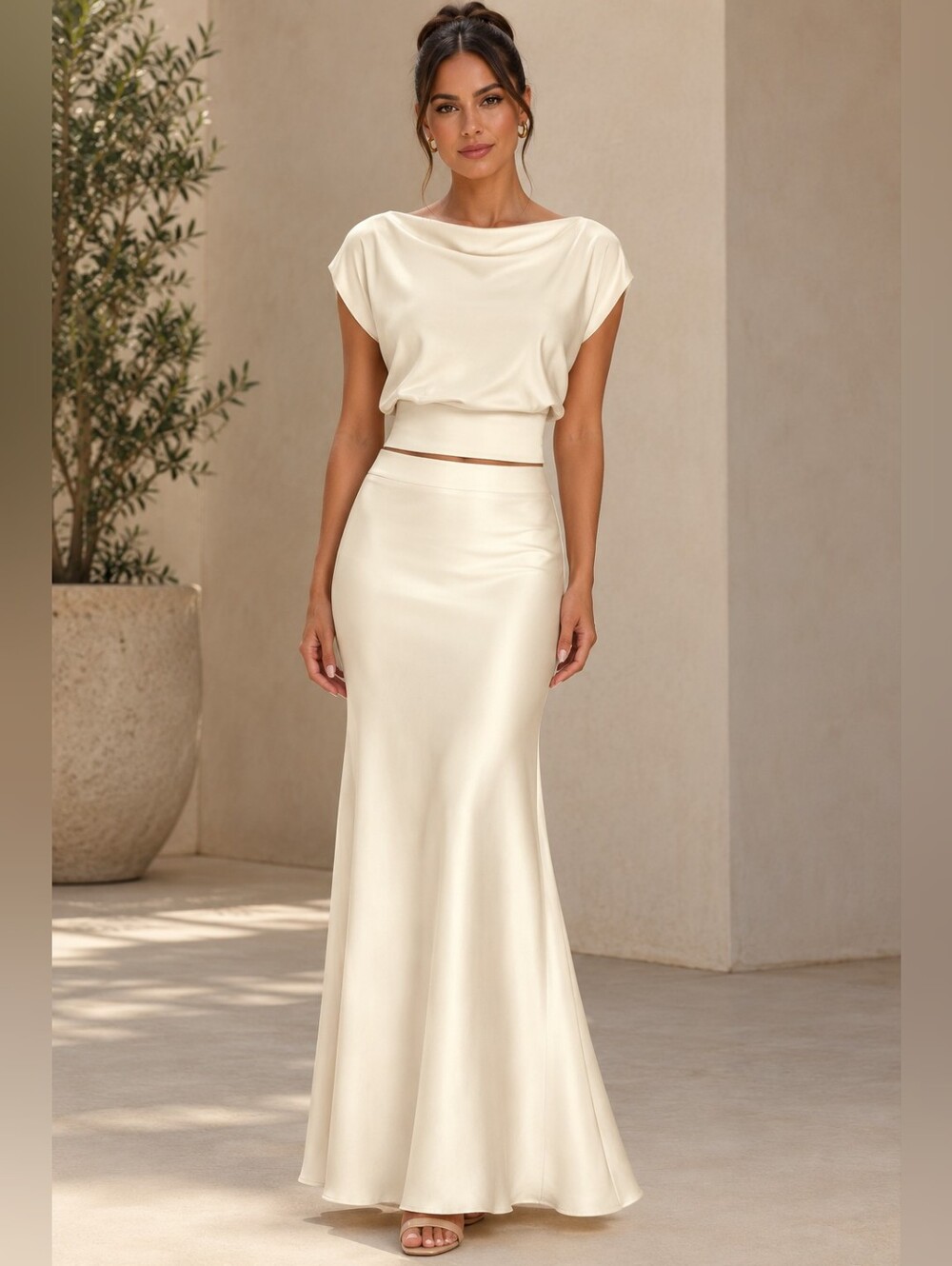 Satin Cowl Neck Skirt Set